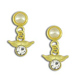 Brinco folheado a ouro contendo meia pérola e pedra de strass pendurada. R$10,00